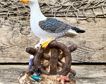 Miniature Hand-Painted Coastal Seagull On Ship Anchor with Chain Tabletop Statuette