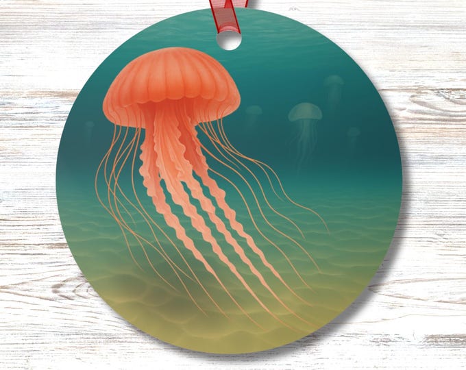 Jellyfish Ornament Coastal Ocean Decor Underwater Sea Life Round Metal Ornament Marine Creature Sea Life Beach House Tree Mirror Decoration