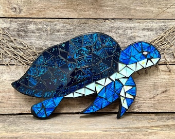 Mosaic Glass Sea Turtle Wall Plaque Blue Aqua Gold Coastal Decor Ocean Sea Life Hanging Nautical Beach House Art Florida Accent
