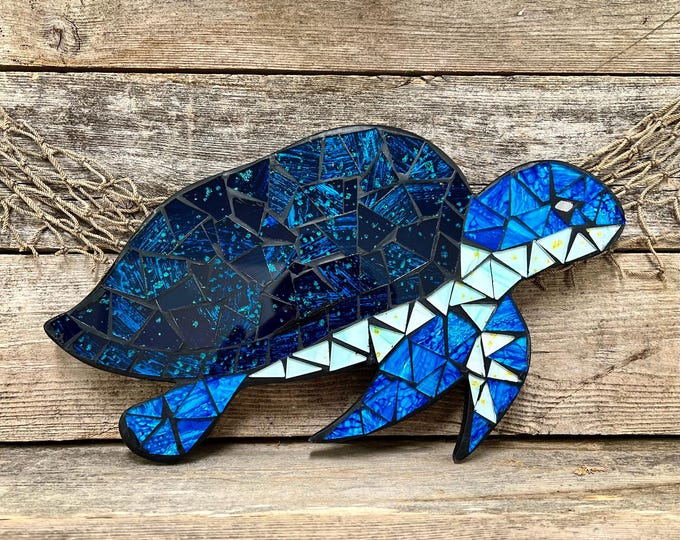 Mosaic Glass Sea Turtle Wall Plaque Blue Aqua Gold Coastal Decor Ocean Sea Life Hanging Nautical Beach House Art Florida Accent