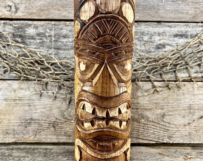 Hand-Carved Wood “Kahuna” Tiki Totem Pole Tabletop Sculpture with Natural Finish