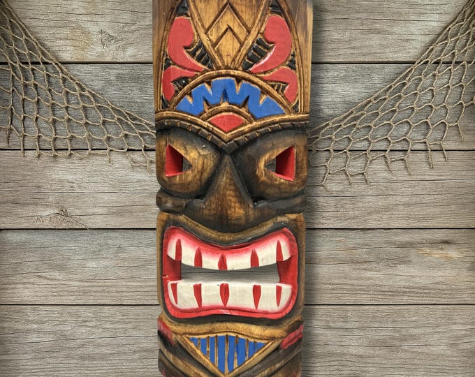 Tiki Mask Tribal Chief Design Blue and Red Wooden Wall Art Primitive Hand Painted Island Bar Coastal Beach House Decoration