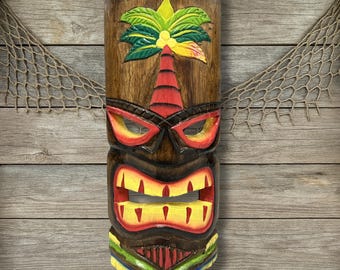Handmade Coconut Palm Tiki Mask: Wood Wall Art - Tropical Coastal Decor