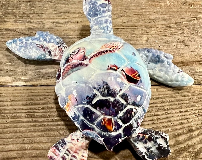 Baby Blue Sea Turtle Figurine with Sublimated Sea Life Shell Design