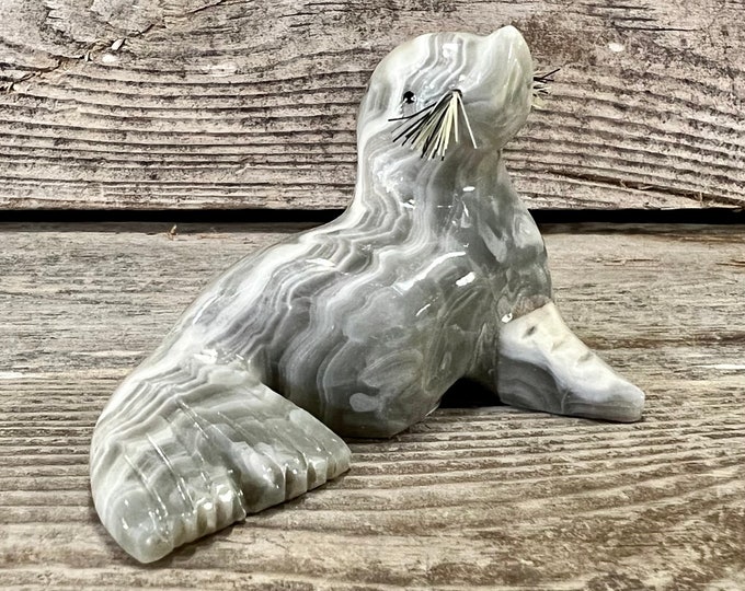 Hand-Carved Marble Sea Lion with Nylon Whiskers Tabletop Figurine