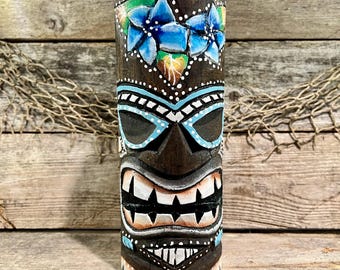 Blue Plumeria Flowers Tropical Floral Tiki Totem Pole Hand Painted Hand Carved Rustic Wood  Tabletop Sculpture