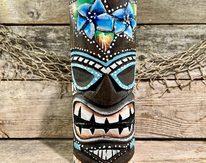 Blue Plumeria Flowers Tropical Floral Tiki Totem Pole Hand Painted Hand Carved Rustic Wood  Tabletop Sculpture