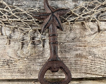 Starfish Cast Iron Bottle Opener with Rust-Brown Rustic Finish