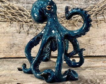 Polyresin Standing Blue Octopus with Hand-Painted Orange Eyes and Tentacles