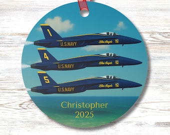 Personalized Blue Angels Ornament US Navy Jets Over Beach Scene Double Sided Metal Keepsake Coastal Christmas Gift for Him or Her