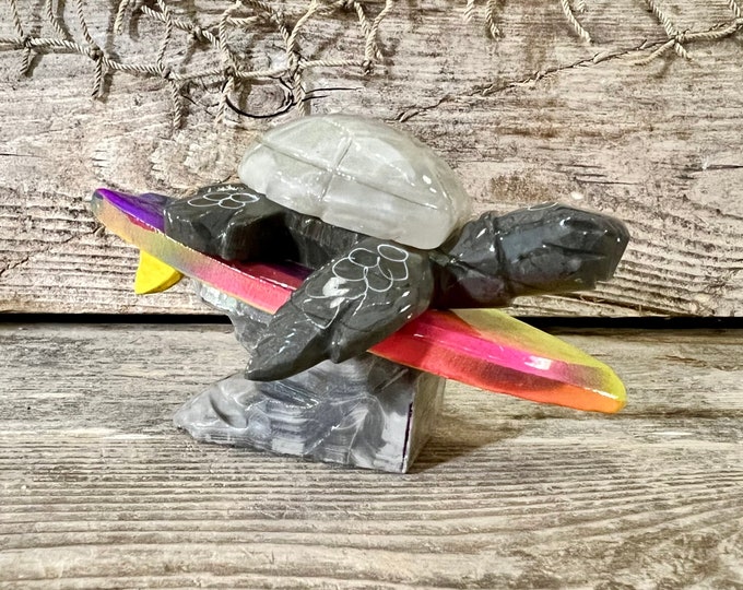 Handcrafted Marble Surfing Sea Turtle with Gray Shell Riding Rainbow Surfboard Tabletop Figurine