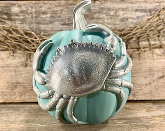 Teal Resin Pumpkin with 3D Sparkling Pewter  Crab and Sliver Stem
