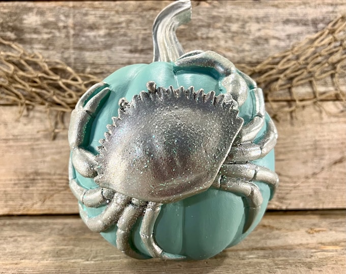 Teal Resin Pumpkin with 3D Sparkling Pewter  Crab and Sliver Stem