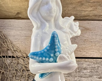 Mermaid Statue Ceramic Rainbow Tail Starfish Decor Coastal Nautical Shelf Accent for Beach House Bathroom or Mermaid Lover Gift