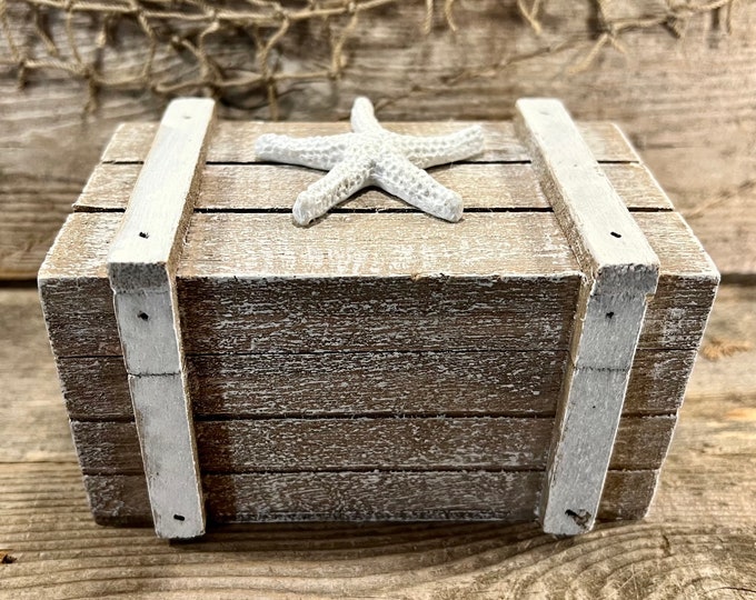 Handmade Whitewashed Wood Coastal Keeper Box with Resin Starfish Accent Distressed Beach Decor
