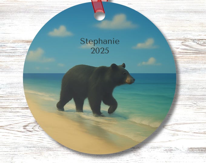 Personalized Black Bear Ornament Coastal Wildlife Decor Double Sided Beach Scene Custom Gift for Nature Lovers and Outdoor Fans