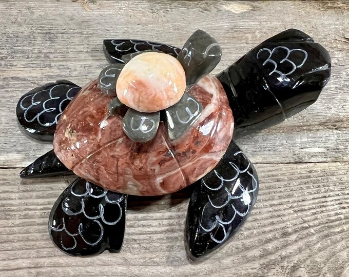 Black Marble Sea Turtle Mother with Baby Handmade Natural Marble Figurine