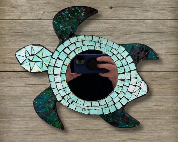 Small Turtle Mosaic Mirror Blue Green Aqua Glass Tiles Gold Coastal Bathroom Decor Beach House Wall Hanging Entryway Accent