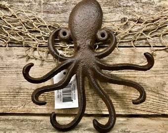 Rust-Brown Cast Iron Octopus 6-Prong Wall Hook