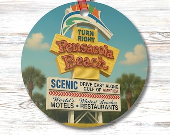 Pensacola Beach Sign Ornament Round Florida Scenic Drive Landmark Coastal Decor Gift for Tree Car Mirror Desk or Year Round Display