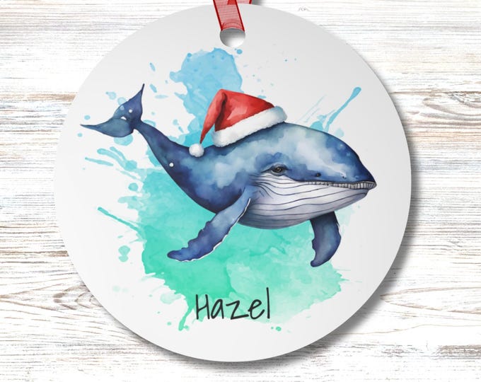 Personalized Whale Santa Christmas Ornament Custom Name Coastal Holiday Sea Life Ocean Animal Christmas Gift for Ocean and Beach Lovers