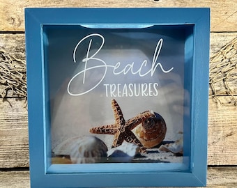Blue “Beach Treasures” Seashell Shadow Box Keeper with Glass Display Window Gift for Seashell Collectors for Smaller Spaces