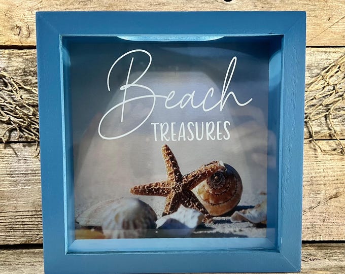 Blue “Beach Treasures” Seashell Shadow Box Keeper with Glass Display Window Gift for Seashell Collectors for Smaller Spaces