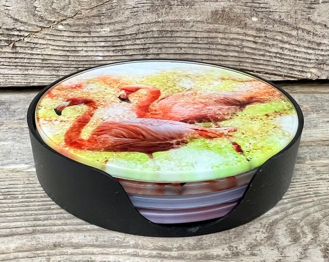 Flamingo Glass Coasters Set of 4 Beach House Gift Sea Bird Decor Coastal Drink Coasters Housewarming Gift for Flamingo Lovers