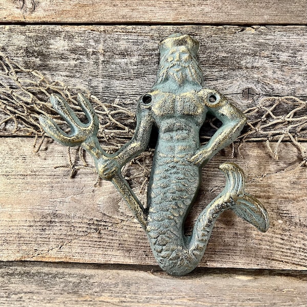 Distressed Green Patinated Brass-Look Cast Iron King Neptune with Trident Wall Hook