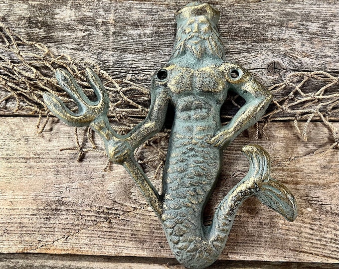 Distressed Green Patinated Brass-Look Cast Iron King Neptune with Trident Wall Hook