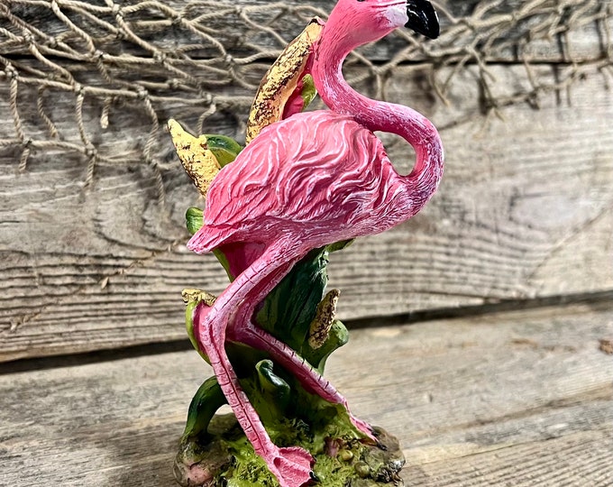Pink Flamingo Standing In Cattails Hand-Painted Unique Florida Tabletop Figurine