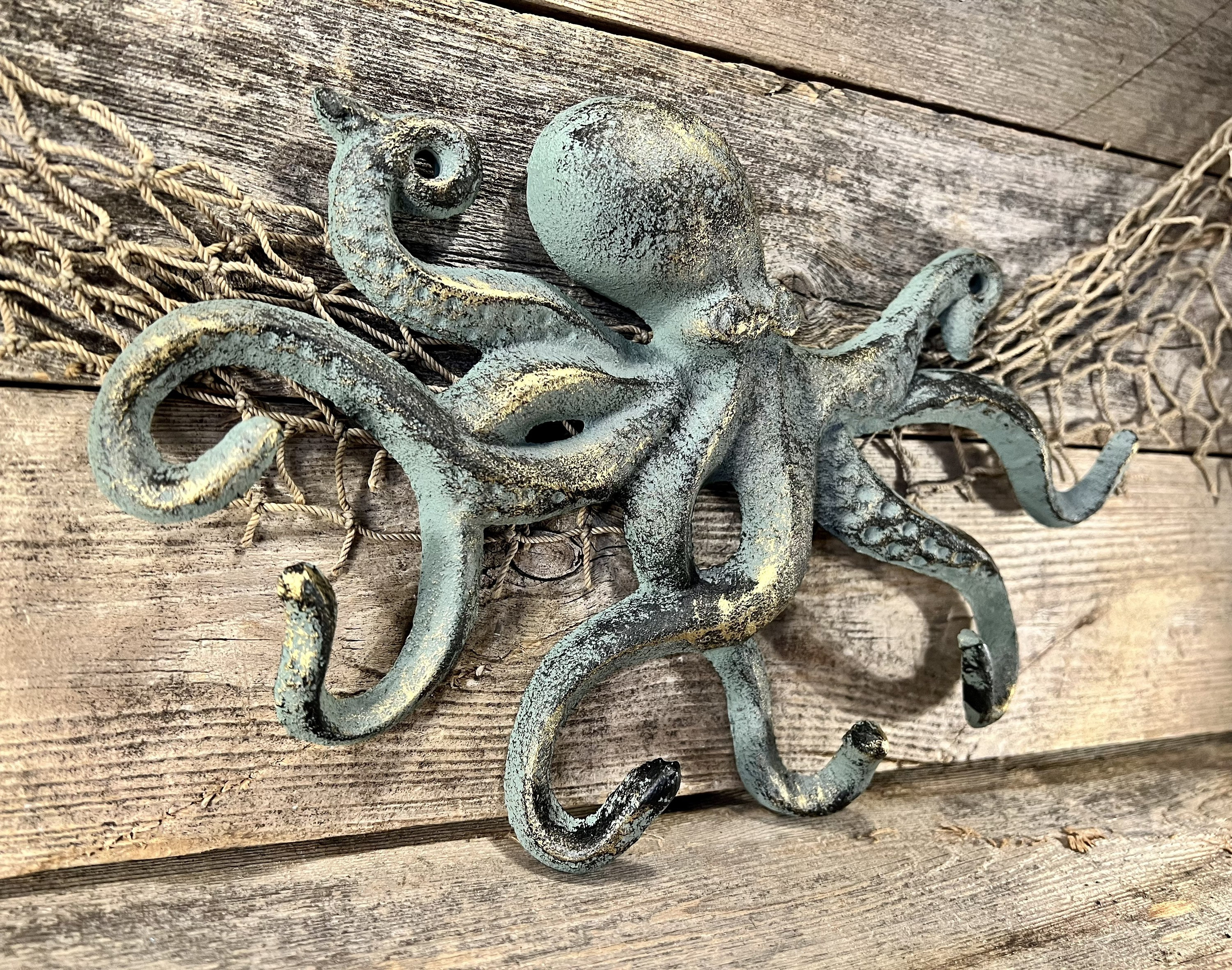 Large Patinated Bronze Finish Cast Iron 6-prong Octopus Wall Hook 