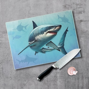 Great White Shark Cutting Board Textured Glass Ocean Kitchen Decor Shark Lover Gift Coastal Home Accent Beach Housewarming Nautical Art