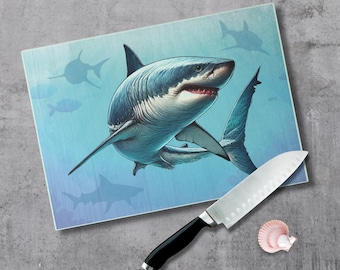 Great White Shark Cutting Board Textured Glass Ocean Kitchen Decor Shark Lover Gift Coastal Home Accent Beach Housewarming Nautical Art