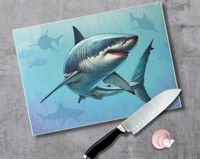 Great White Shark Cutting Board Textured Glass Ocean Kitchen Decor Shark Lover Gift Coastal Home Accent Beach Housewarming Nautical Art