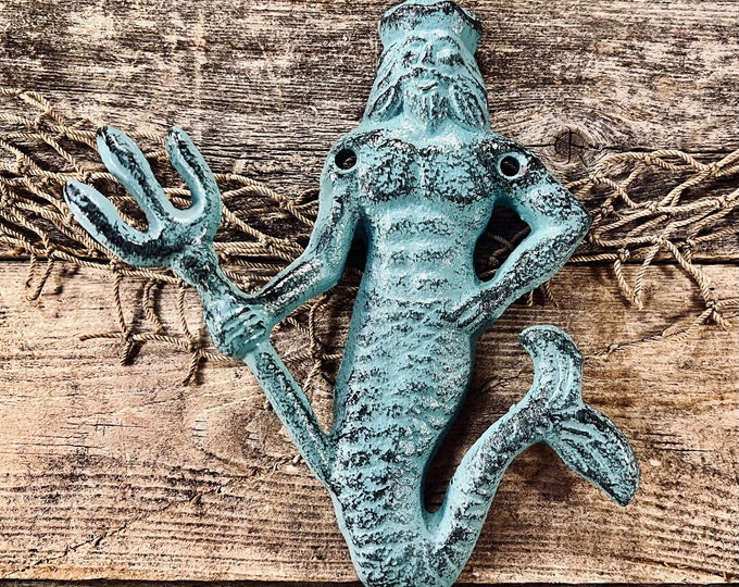 Distressed Blue Cast Iron King Neptune with Trident Wall Hook