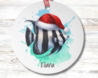 Personalized Santa Angelfish Ornament: Watercolor Coastal Holiday Decor