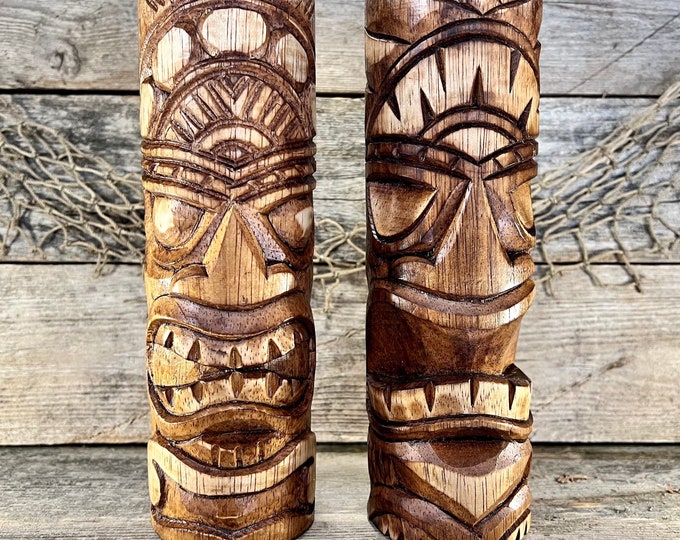 Hand-Carved Wood “Kahuna” and “Chieftain” Tiki Totem Pole Tabletop Sculptures with Natural Finish; SET OF 2