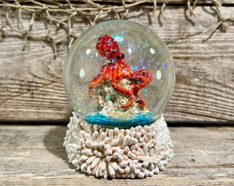 Realistic Red Octopus Water Globe Sea Anemone Base Beach Nautical Decor Ocean Lover Gift Unique Coastal Snow Globe