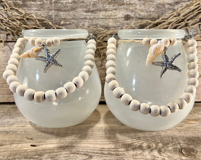 Handmade Decorative Smoked White Glass Coastal Beaded Handle Jar with Starfish  and Seashell Embellishment SET OF 2