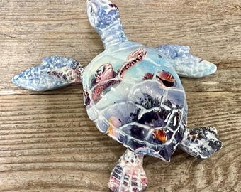 Sea Turtle Figurine with Sublimated Sea Turtle and Coral Reef Shell Design