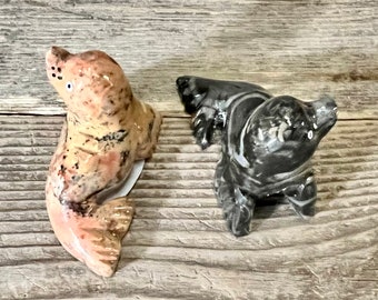 Miniature Harbor Seals Hand-Carved Marble Figurines; SET OF 2
