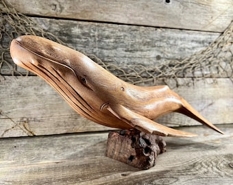 Majestic Humpback Whale Hand-Carved Wooden Sculpture on Burl Wood Stand