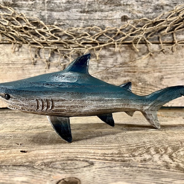 Impressively-Detailed Great White Shark Resin Wood-Look Tabletop Figurine