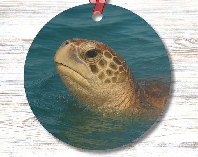 Little Sea Turtle Ocean Ornament Coastal Sea Life Decor Round Metal Ornament Marine Animal Beach House Tree Mirror Desk Cubicle Gift