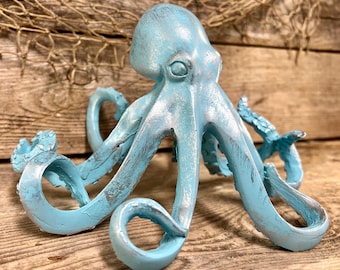 Blue & Silver Octopus Figurine: Coastal Nautical Decor