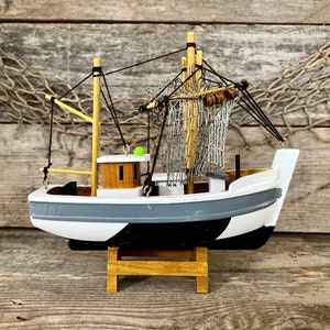Handmade Gray and White Fishing Trawler On Wood Stand