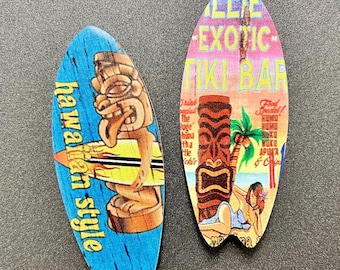 Retro Vintage-Look Tiki Bar Surfboard-Shaped Ceramic Refrigerator Magnets; SET OF 2