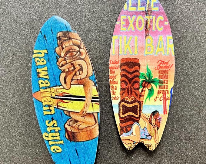 Retro Vintage-Look Tiki Bar Surfboard-Shaped Ceramic Refrigerator Magnets; SET OF 2