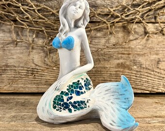 Beach-Inspired Mermaid Figurine Statuette Handcrafted Wood-Look Plaster with Mosaic Tail Accent Gift for Ocean Lovers